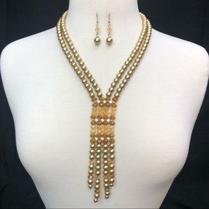 Long Gold 2 Row Pearl Necklace Earrings Set